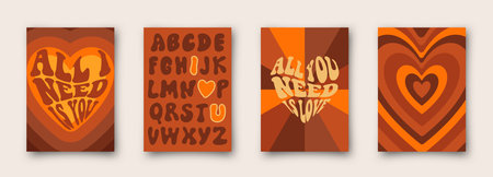 Vector set of retro greeting cards for Valentines Day. Social media post with groovy slogans and phrase. love word in heart shapeのイラスト素材
