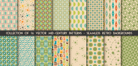 Mid century Collection of 16 modern seamless patterns in vector. 1950s vintage style atomic backgrounds, retro vector illustrations.のイラスト素材
