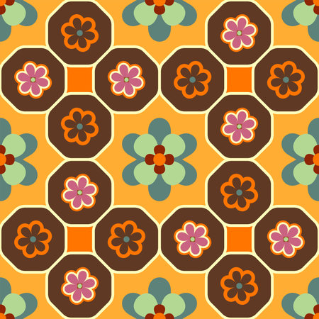 1970s Floral Pattern. Retro 70s Funky Design With Red, Orange, Pink And Brown Geometric Flowers. Groovy Mid Century Modern Seamless Patten Repeat.のイラスト素材