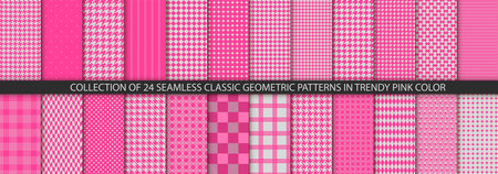 Collection of 24 houndstooth seamless patterns in trendy pink color. Pied de poule texture. Repeating pepita plaid patern for design prints. Simple abstract plaid dogstooth. Vector illustrationのイラスト素材
