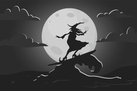 Halloween vector illustration with Witch surfer. Retro cartoon style poster, tropical spooky background.のイラスト素材