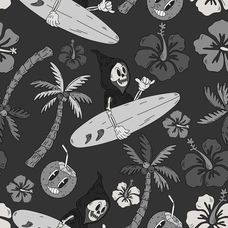 Summer vibes skeleton horror halloween seamless pattern in retro cartoon style. Spooky tropical hand drawn vector background. Creepy beach textureのイラスト素材