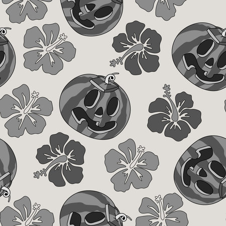 Summer vibes pumpkin watermelon and hibiscus horror Halloween seamless pattern in retro cartoon style. Spooky tropical hand drawn vector background. Creepy beach textureのイラスト素材