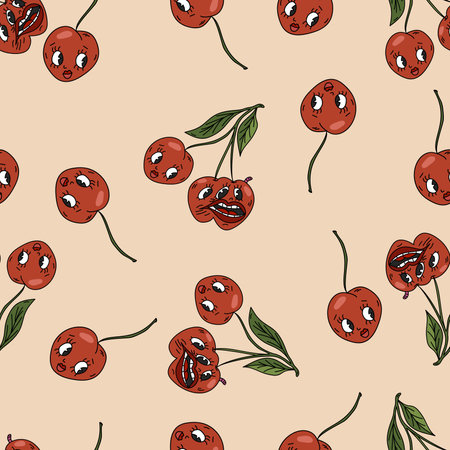 Halloween cartoon retro style pattern with red creepy cherries. Vector seamless backgroundのイラスト素材