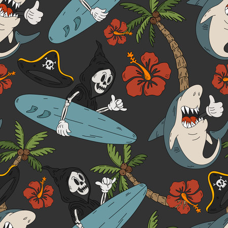 Summer vibes skeleton and shark horror halloween seamless pattern in retro cartoon style. Spooky tropical hand drawn vector background. Creepy beach textureのイラスト素材