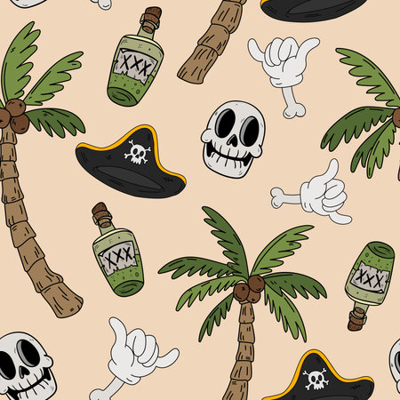 Summer vibes skull, pirate hat, shaka, palms horror Halloween seamless pattern in retro cartoon style. Spooky tropical hand drawn vector background. Creepy beach textureのイラスト素材