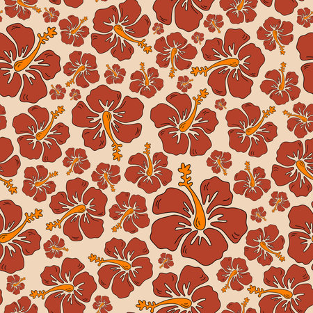 Hibiscus seamless hand drawn background. Aloha Hawaiian design in retro cartoon style. Vector illustration for clothing, textile in red and white colorsのイラスト素材
