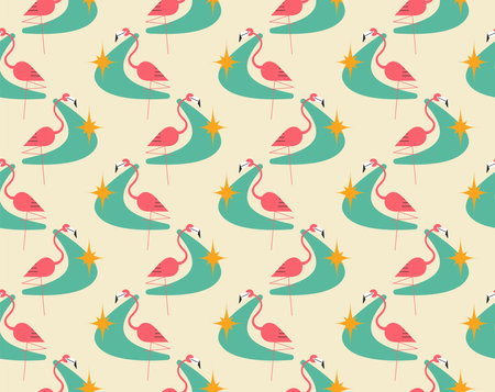 1950s Mid Century Modern Atomic Era Flamingos Cosmic Starbursts seamless pattern. Retro fifties vector backgroundのイラスト素材