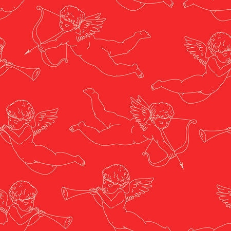 Vector seamless hand drawn pattern with little Valentine's Day Cupids, Wings and Arrows. 14 February day backgroundのイラスト素材
