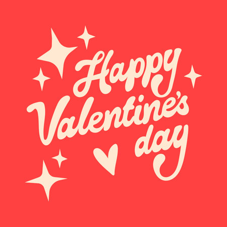 Happy Valentines Day typography poster with handwritten calligraphy text on colorful background with hearts and stars. Vector hand drawn Illustration in retro cartoon styleのイラスト素材