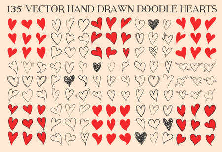Big set of hand drawn Heart Icons, cute doodle hearts for valentines day and weddingsのイラスト素材