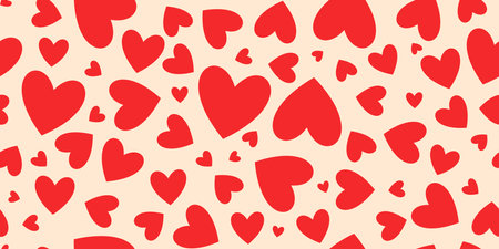 Red love heart seamless pattern illustration. Cute romantic pink hearts background print. Valentines day holiday backdrop texture, romantic wedding design.のイラスト素材