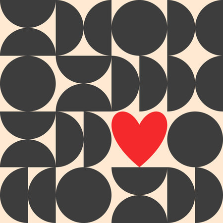Seamless vector geometric pattern for Valentines Day . Trendy geometric shapes with circles, squares and hearts in retro style for a Mothers Day or wedding day cover.のイラスト素材