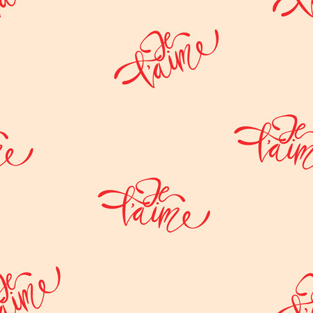Love you Je Taime vector seamless pattern, romantic hand written Valentines Day lettering backgroundのイラスト素材