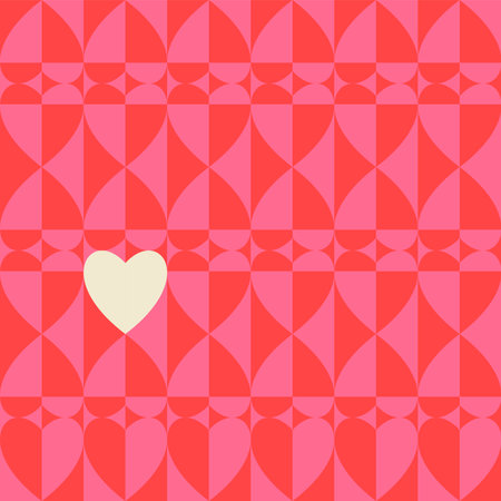 Romantic vector abstract geometric background with hearts in retro style. Pastel colored simple shapes graphic pattern. Abstract mosaic artwork.のイラスト素材