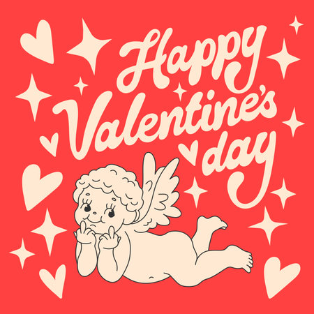 Happy Valentines Day poster with handwritten calligraphy text and funny Cupid Angel in retro cartoon style. Colorful background. Vector Hand Drawn Illustrationのイラスト素材