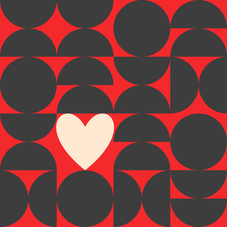 Seamless vector geometric pattern for Valentine's Day. Trendy geometric shapes with circles, squares and hearts in retro style for a Mother's Day or wedding day cover.のイラスト素材