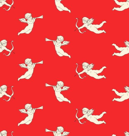 Cherub vector seamless pattern in vintage style. Valentine's Day Angel with wings, bow and arrowsのイラスト素材