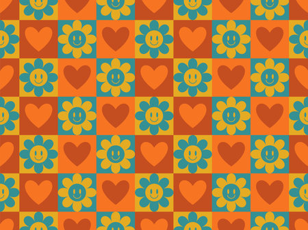 Groovy Hearts and flowers Seamless Pattern. Vector Background in 1970s-1980s Hippie Retro Style for Print on Textile, Wrapping Paper, Web Design and Social Media. Pink and Purple Colors.のイラスト素材