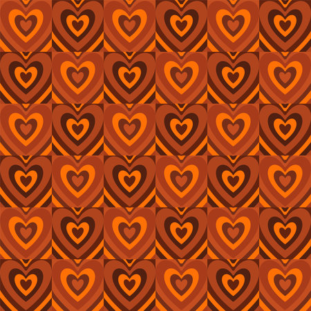Groovy Hearts Seamless Pattern. Vector Background in 1970s-1980s Hippie Retro Style for Print on Textile, Wrapping Paper, Web Design and Social Media. Pink and Purple Colors.のイラスト素材