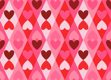 Groovy Hearts Seamless Pattern. Vector Background in 1970s-1980s Hippie Retro Style for Print on Textile, Wrapping Paper, Web Design and Social Media. Pink and Purple Colors.のイラスト素材