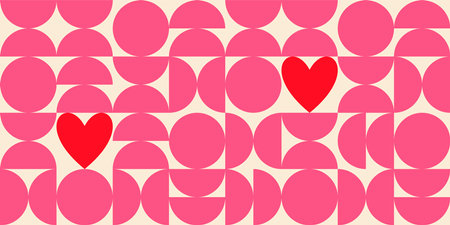 Seamless vector groovy Valentines day background. Trendy geometric shapes with circles, squares and hearts in retro 70s styleのイラスト素材
