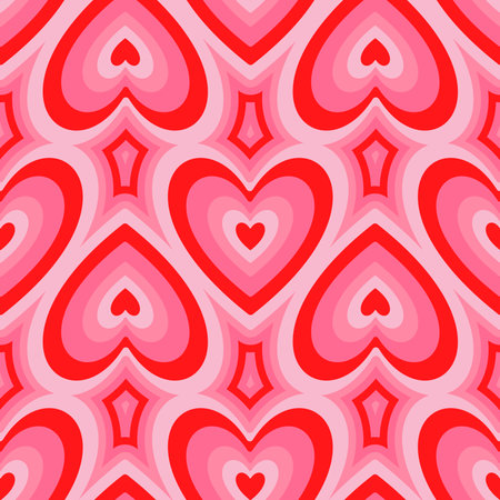 Groovy Hearts Seamless Pattern. Vector Background in 1970s-1980s Hippie Retro Style for Print on Textile, Wrapping Paper, Web Design and Social Media. Pink and Purple Colors.のイラスト素材