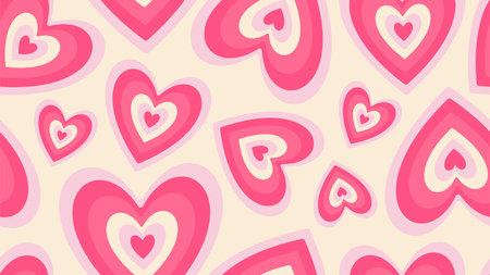 Groovy Hearts Seamless Pattern. Vector Background in 1970s-1980s Hippie Retro Style for Print on Textile, Wrapping Paper, Web Design and Social Media. Pink and Purple Colors.のイラスト素材
