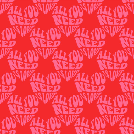 Love heart seamless pattern illustration. Retro 1970s style romantic background print. Valentine's day holiday backdrop texture, romantic phrases wedding wallpaper design.のイラスト素材
