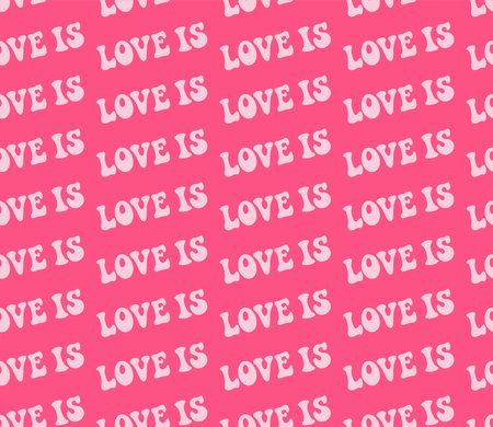 Love heart seamless pattern illustration. Retro 1970s style romantic background print. Valentine's day holiday backdrop texture, romantic phrases wedding wallpaper design.のイラスト素材