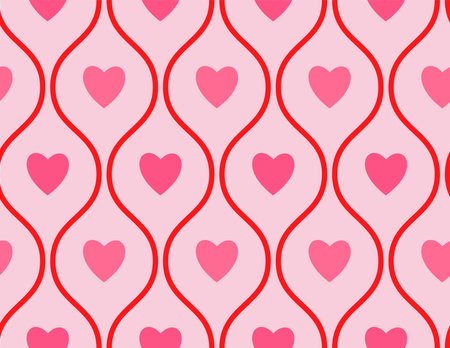 Groovy Hearts Seamless Pattern. Vector Background in 1970s-1980s Hippie Retro Style for Print on Textile, Wrapping Paper, Web Design and Social Media. Pink and Purple Colors.のイラスト素材