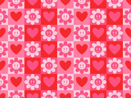 Groovy Hearts and flowers Seamless Pattern. Vector Background in 1970s-1980s Hippie Retro Style for Print on Textile, Wrapping Paper, Web Design and Social Media. Pink and Purple Colors.のイラスト素材