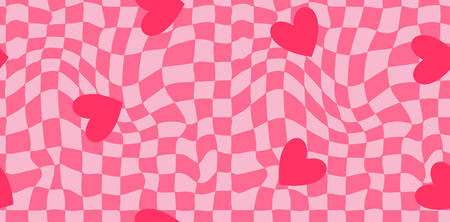 Groovy Hearts Seamless Pattern. Vector Background in 1970s-1980s Hippie Retro Style for Print on Textile, Wrapping Paper, Web Design and Social Media. Pink and Purple Colors.のイラスト素材