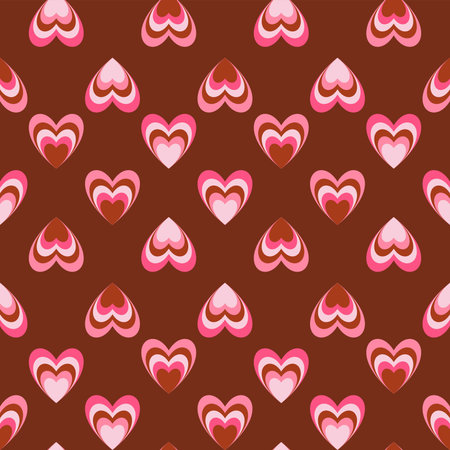 Groovy Hearts Seamless Pattern. Vector Background in 1970s-1980s Hippie Retro Style for Print on Textile, Wrapping Paper, Web Design and Social Media. Pink and Purple Colors.のイラスト素材