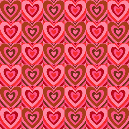 Groovy Hearts Seamless Pattern. Vector Background in 1970s-1980s Hippie Retro Style for Print on Textile, Wrapping Paper, Web Design and Social Media. Pink and Purple Colors.のイラスト素材