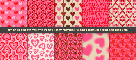 Collection of 10 1970s Groovy Hearts Seamless Patterns in Pink, Red Colors. Trendy Vector Valentines Day endless Illustrations. Seventies Style, Groovy Love Backgrounds. Hippie Aestheticのイラスト素材