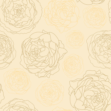 Blossom peony flowers hand drawn minimalistic pattern in trendy yellow butter colors. Seamless pattern, background. Vector illustration in botanical styleのイラスト素材