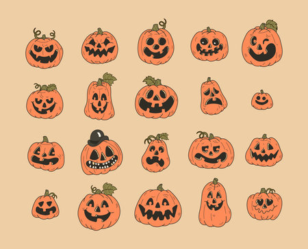 Set of Halloween Pumpkins , Pumpkins Different Shapes Silhouette Set in retro cartoon style, Scary Spooky Carving Pumpkins hand drawn vector illustrationsのイラスト素材