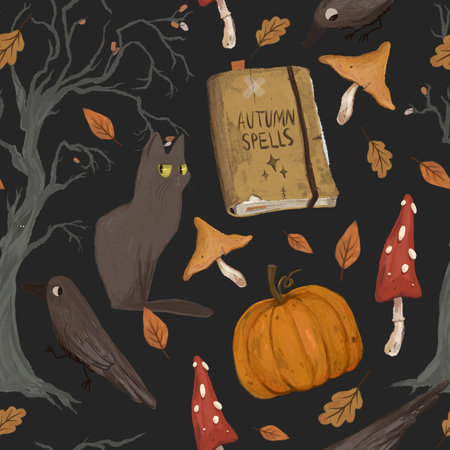Autumn seamless pattern with cute hand drawn elements. Cozy fall background for your designの写真素材