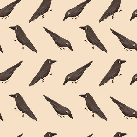 Hand drawn Cartoon Black Crow in various poses bird feather seamless halloween pattern. Raven figures background. Autumn Halloween mystical cute surface design.の写真素材