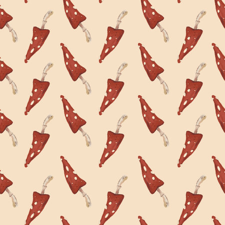 Mushrooms seamless pattern. Amanita Muscaria red flyagaric Mushrooms and toadstools. Autumn forest plants background sketches for textiles, wallpaper, coloring, packagingの写真素材