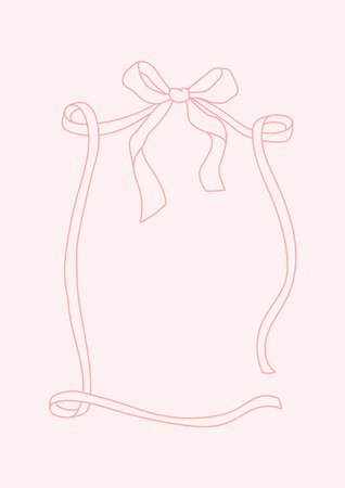 Frame of coquette pretty charming pink bows and hearts. Hand drawn trendy ribbons border. Vintage bowknots frame for greeting cards, wedding, invitations, social mediaのイラスト素材