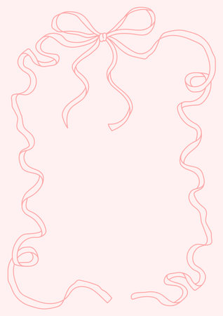 Hand-drawn vector beautiful girly ribbon frame with pink bow for valentines, posters, and wedding invitations. Cute decorative borderのイラスト素材