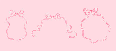 Set of 3 hand-drawn vector ribbon frame with pink bow for valentines, posters, and wedding invitations. Cute decorative borderのイラスト素材