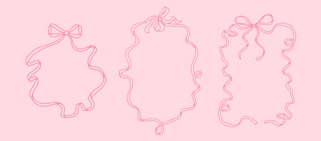 Set of 3 Frames of coquette pretty charming pink bow and ribbons. Hand drawn trendy ribbons border. Vintage bowknots frame for greeting cards, wedding, invitations, social mediaのイラスト素材