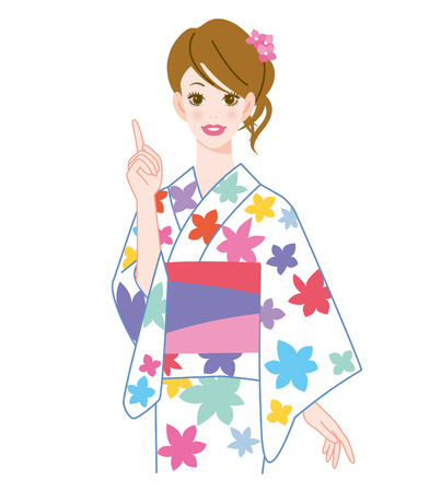 woman  wearing yukata with pointing up 1 finger gestureの写真素材
