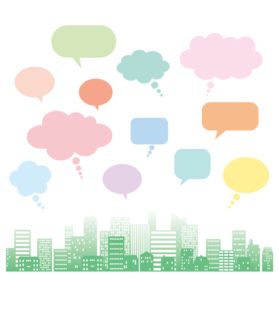 Cityscape of the green silhouette and speech balloonsのイラスト素材