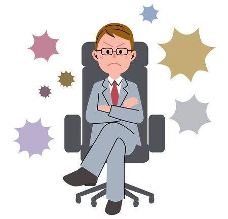 The young man who sits down on a chair and speech bubbleのイラスト素材