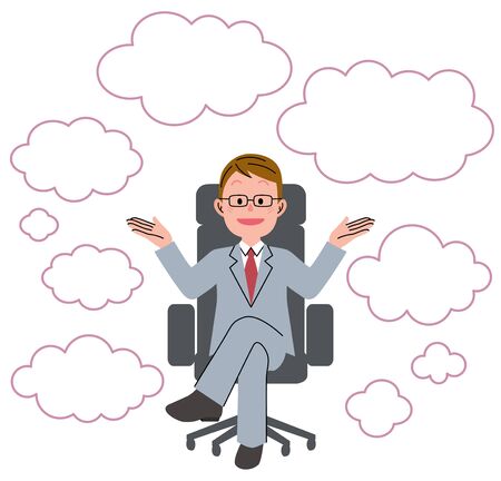 The young man who sits down on a chair and speech bubbleのイラスト素材