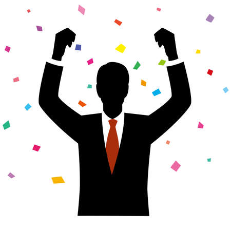 Silhouette of the man wearing mask pleased to raise both hands and confettiのイラスト素材